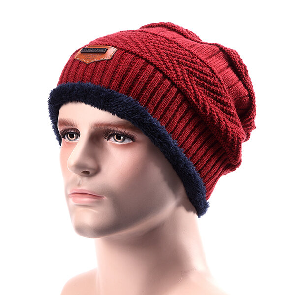

Male Knitted Slouch Beanie Hat Lining Plush Double Layers Winter Warm Ski Outdoor Cap, Red;khaki;blue