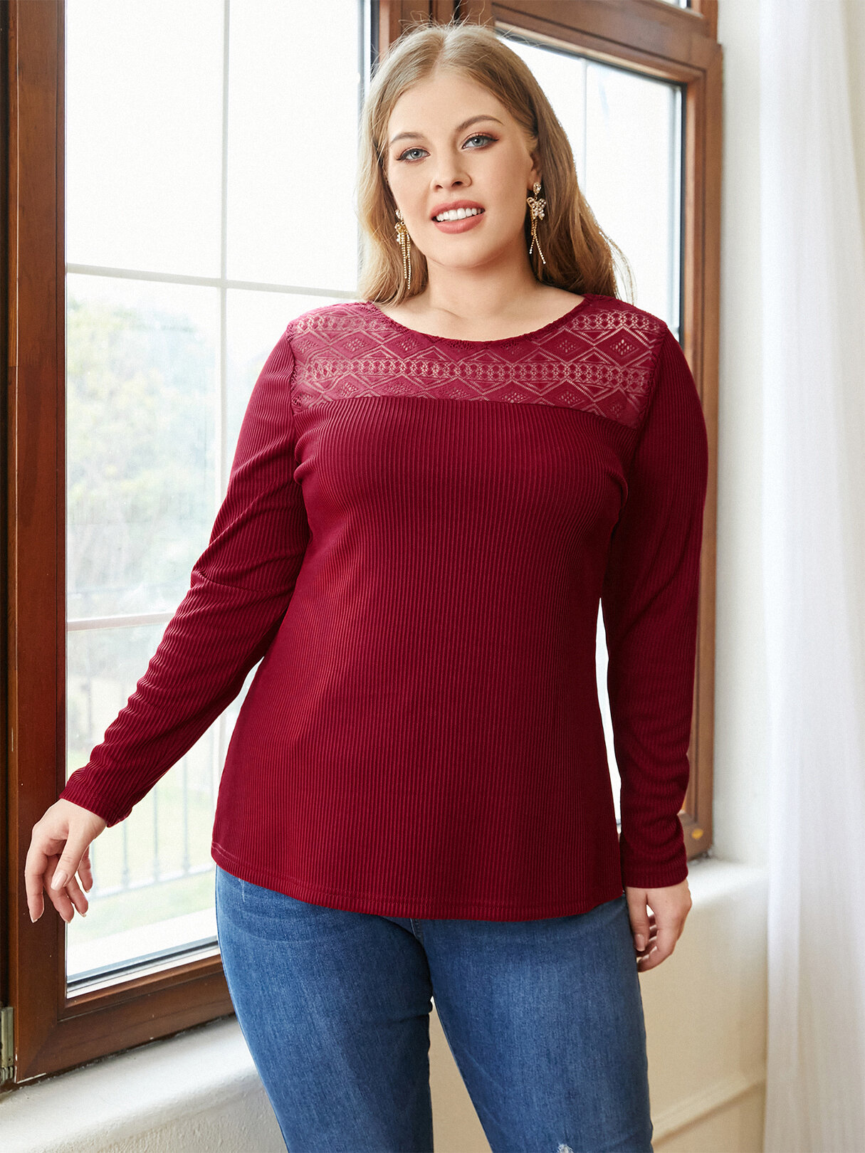 

Plus Size Patchwork Crew Neck Ribbed Long Sleeve T-Shirt, Wine red