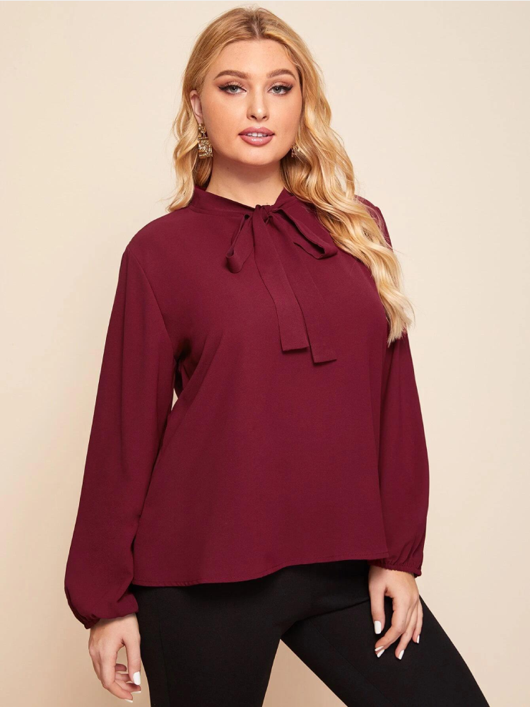 

Solid Color Bowknot Long Sleeve Plus Size Brief Blouse, Wine red