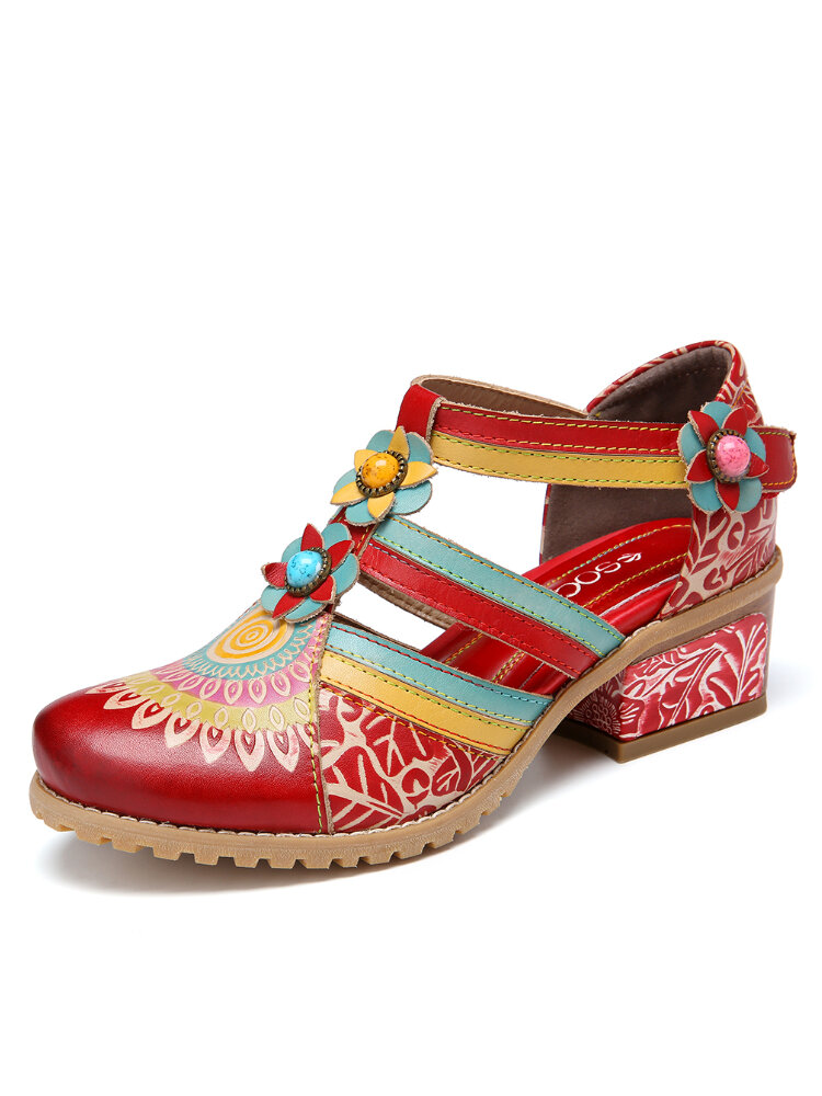 SOCOFY Bohemia Ethnic Style Stitching Embossed Beading Floral Chunky Heel Pumps