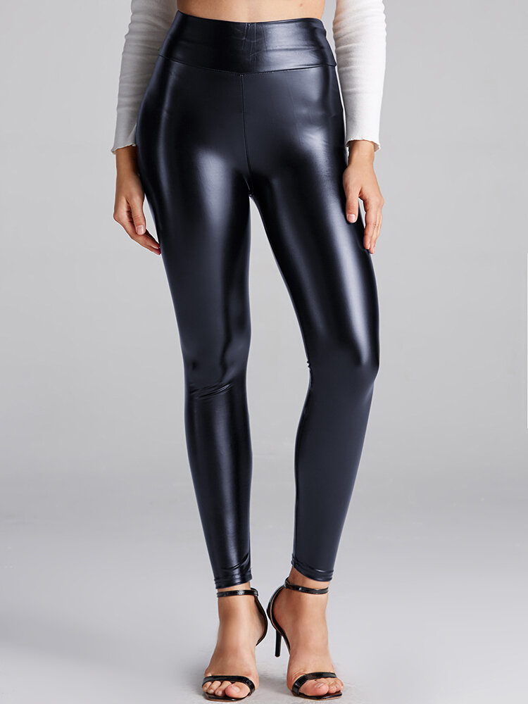 Solid Color Leather Long Casual Base Leggings for Women