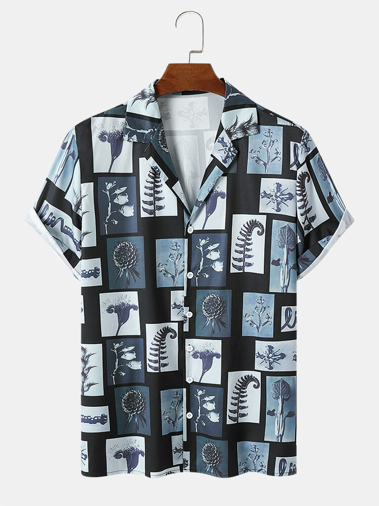 Mens Square Icon Pattern Buttons Short Sleeve Comfy Shirts