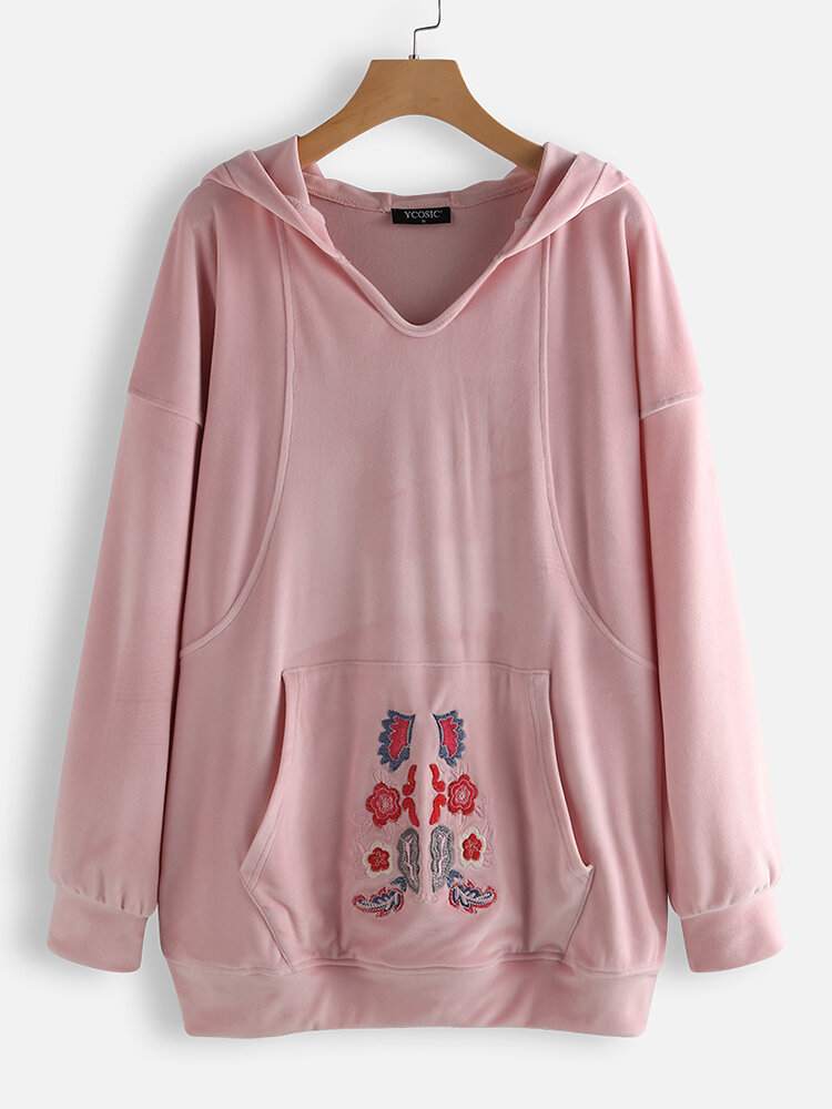 Long Sleeve Flower Embroidered Casual Hoodie For Women
