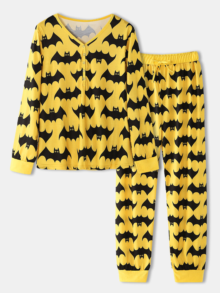 Women Halloween Allover Bat Print Drawstring Beam Feet Pajamas Sets With Snap-Button