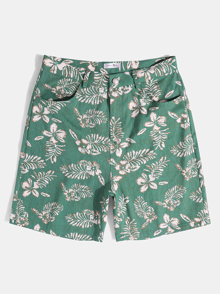 Mens Tropical Leaf Print Vacation Cotton Mid Length Denim Shorts