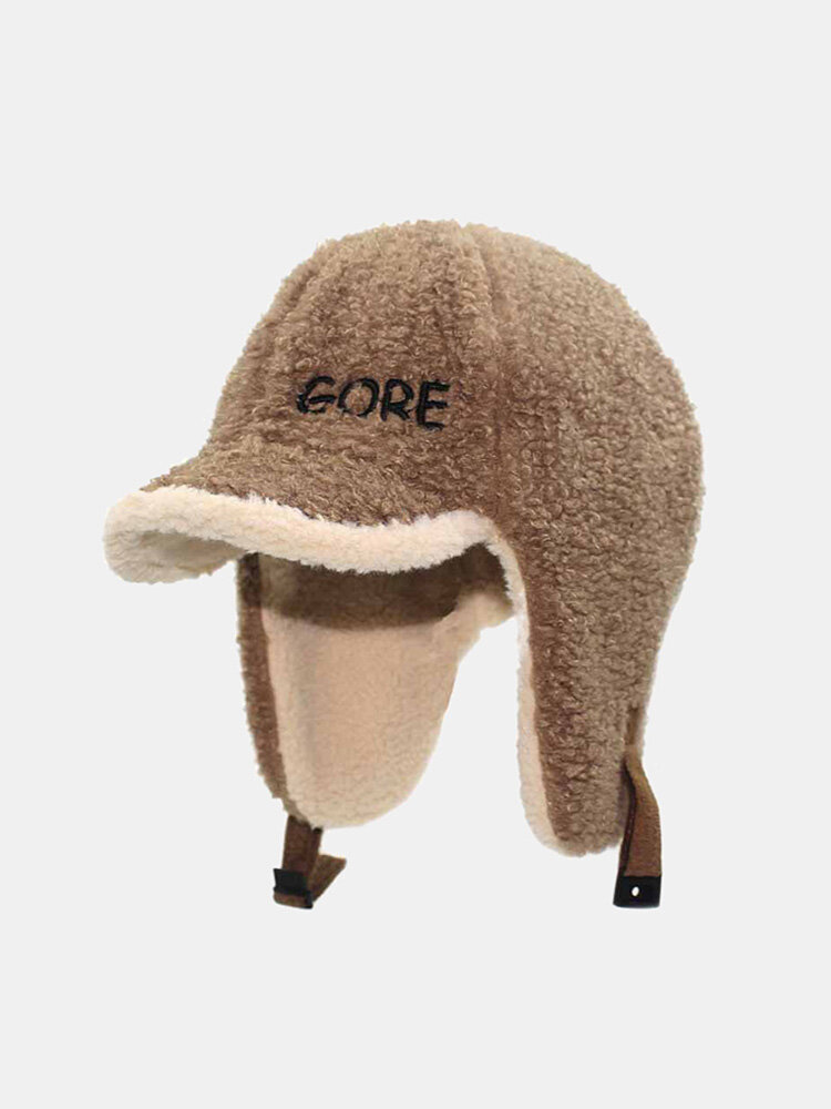 Unisex Lambswool Plush Letters Embroidery Thickened Ear Protection Autumn Winter Warmth Curved Brim Trapper Hat