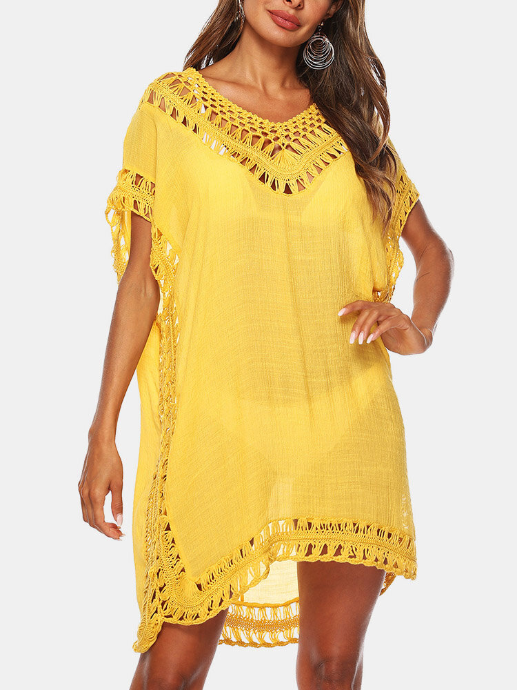 Women Hollow Out V-Neck Thin Sun Protection Dress Beach Cover Up