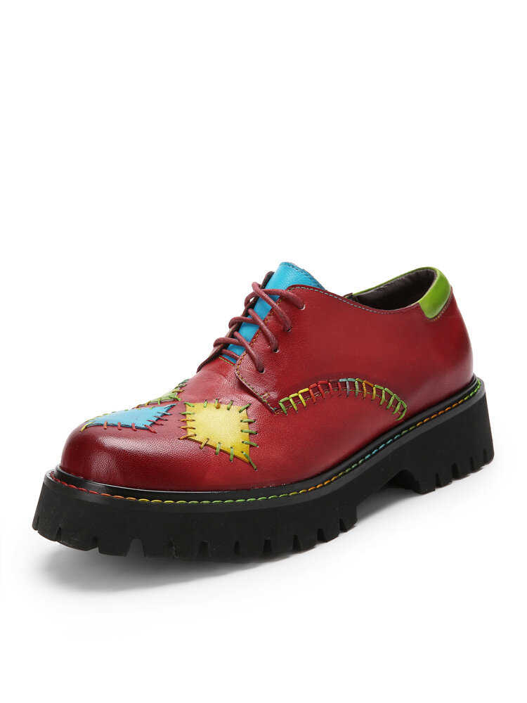 Sокофий Натуральная Кожа Повседневная обувь на танкетке ручной работы с цветными блоками и нашивками в стиле ретро