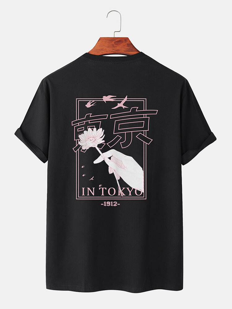 Mens Hand Floral Tokyo Print 100% Cotton Casual Short Sleeve T-Shirts