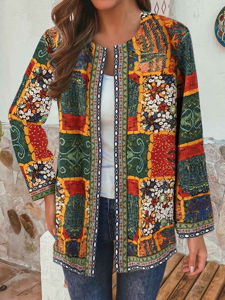 Vintage Ethnic Style Floral Print Patchwork Jackets With Pockets For Women