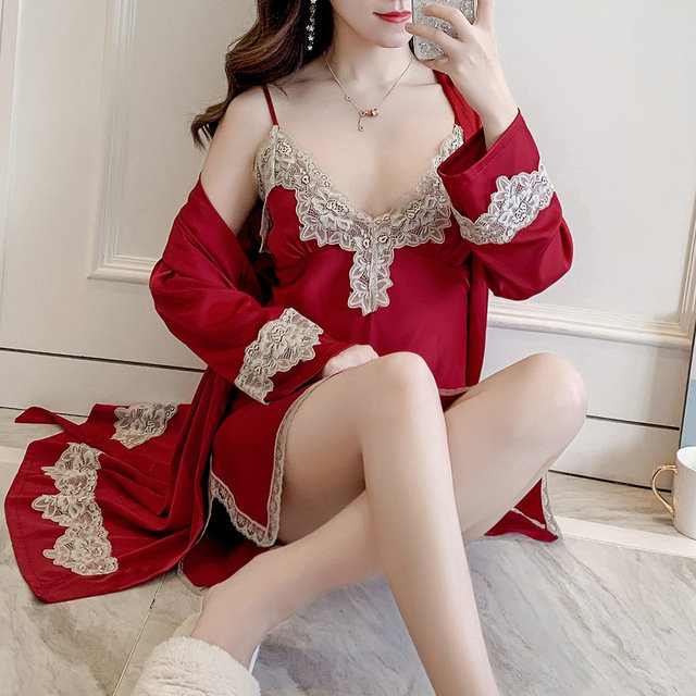 Ice Silk Gown With Chest Pad Strap Nightdress Lace Robe Two-piece