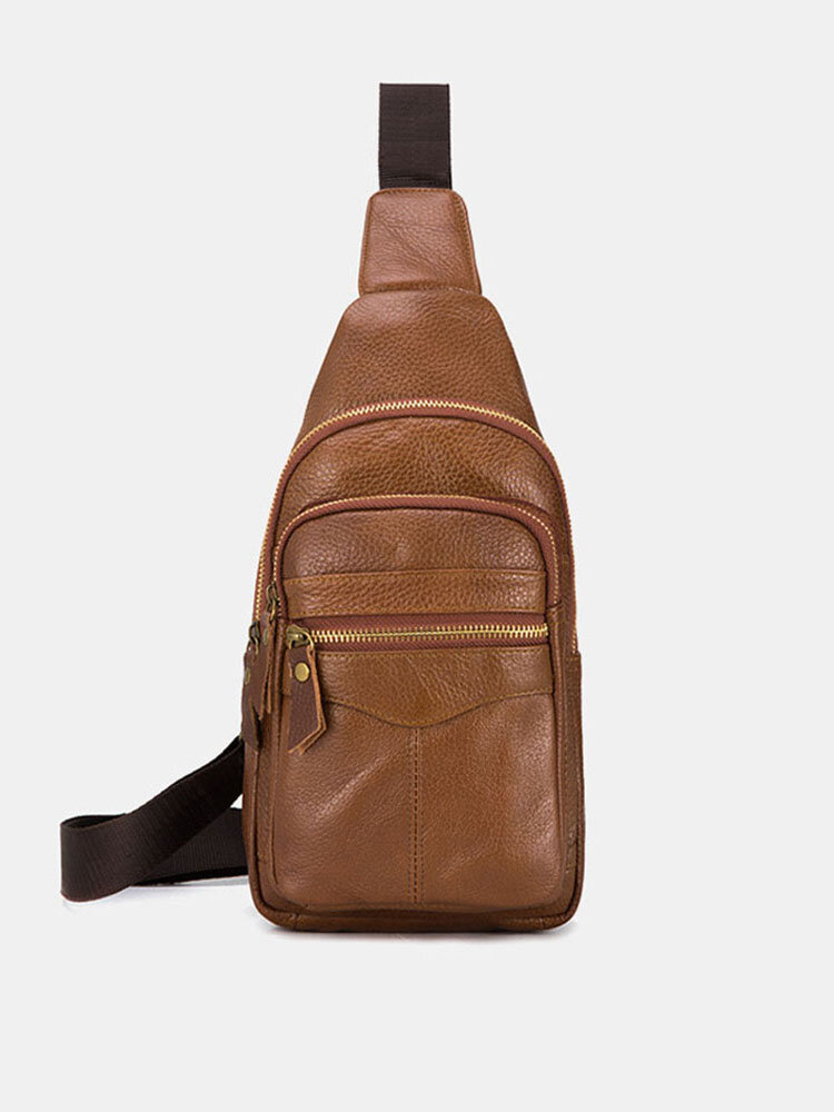 Men Genuine Leather Multi-Layers Waterproof Casual Crossbody Bag Chest Bag Sling Bag