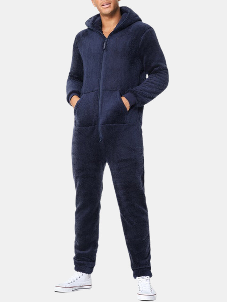 

Men Teddy Fleece Warm Heated Comfy Jumpsuits Zip Up One Piece Long Sleeve Loungewear Hooded Jumpsuit, Blue;gray;red