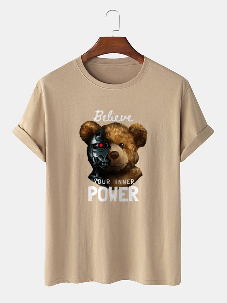 100% Cotton Mens Mechanical Bear & Letter Print Short Sleeve T-Shirt
