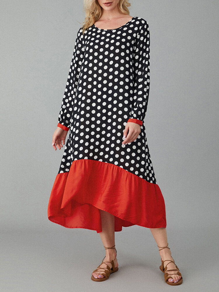 Polka Dot Patchwork Long Sleeve Asymmetrical Hem Maxi Dress