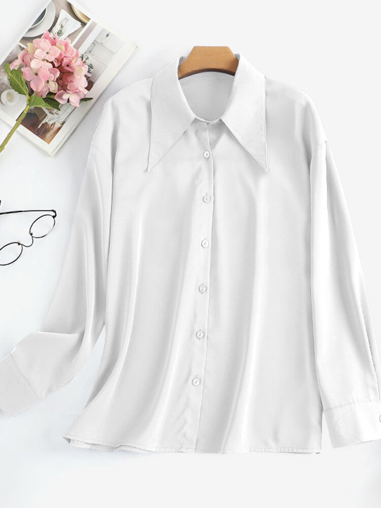 Solid Lapel Long Sleeve Button Front Casual Shirt