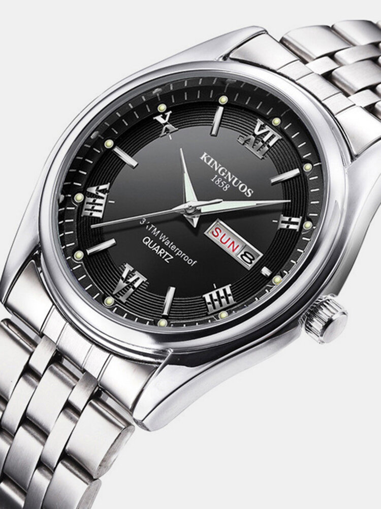 

Calendar Luminous Display Men Wrist Watch Stainless Steel Band Quartz Watch, Black;white;blue