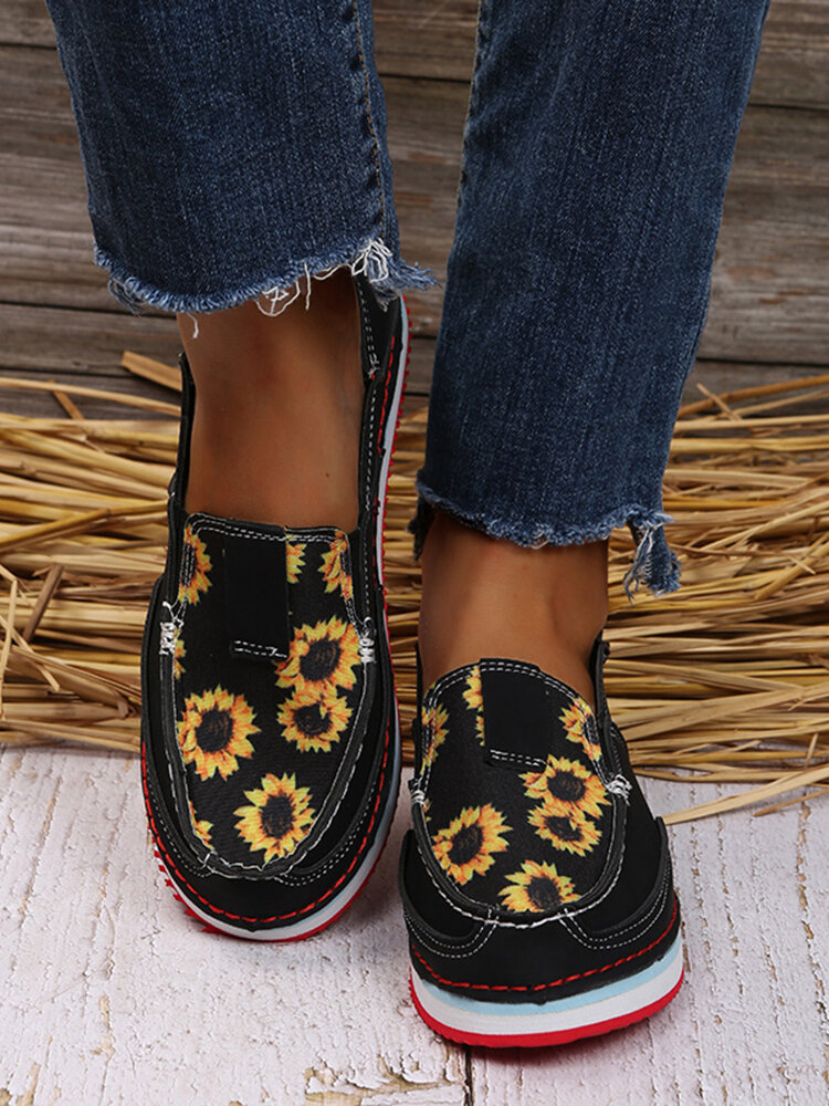 Large Size Women Sunflower Pattern Single Shoes Comfortable Wide Toe Slip-On Flat Shoes