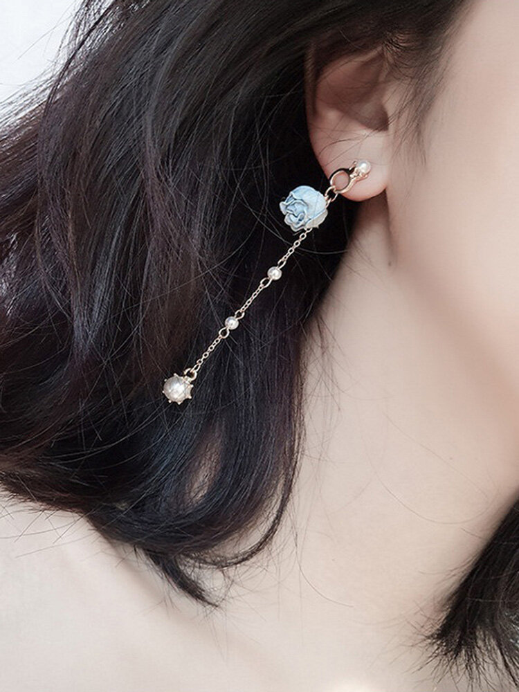 Sweet Ear Drop Earrings Rose Pearls Tessals Chain Pendant Dangle Elegant Jewelry for Women