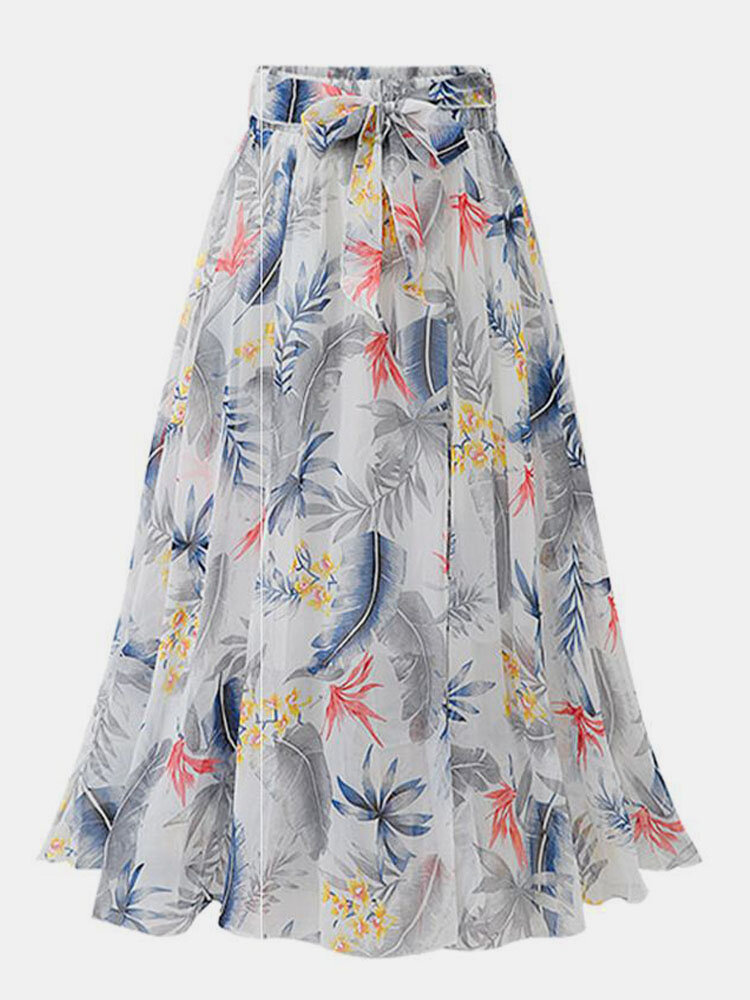 Шифон с цветочным принтом и листьями Ремень Элегантная юбка с эластичной талией