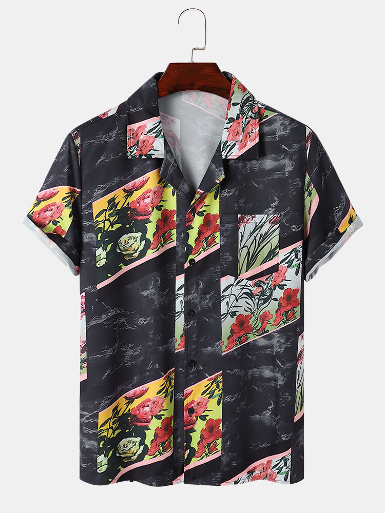 Mens Floral Graphics Revere Collar Holiday Short Sleeve Shirts