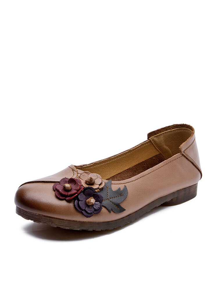 Socofy Genuine Leather Handmade Breathable Soft Comfy Floral Decor Casual Retro Ethnic Flats