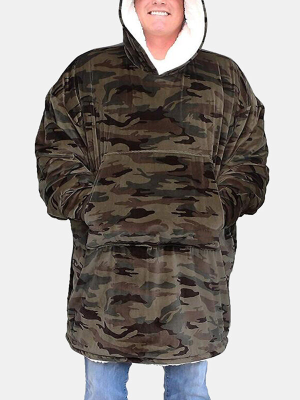 Men Camo Plaid Print Flannel Blanket Hoodies Thicken Sweatshirt Handy Pocket Oversized Homewear