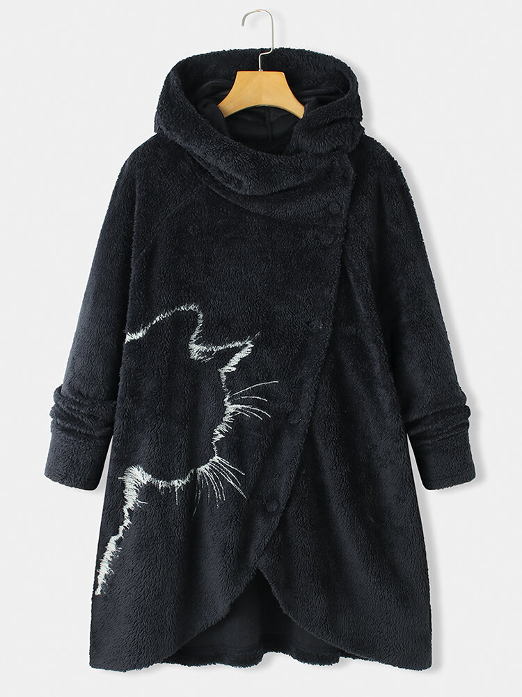 Irregular Open Cat Printed Long Sleeve Hooded Casual Plus Size Coat