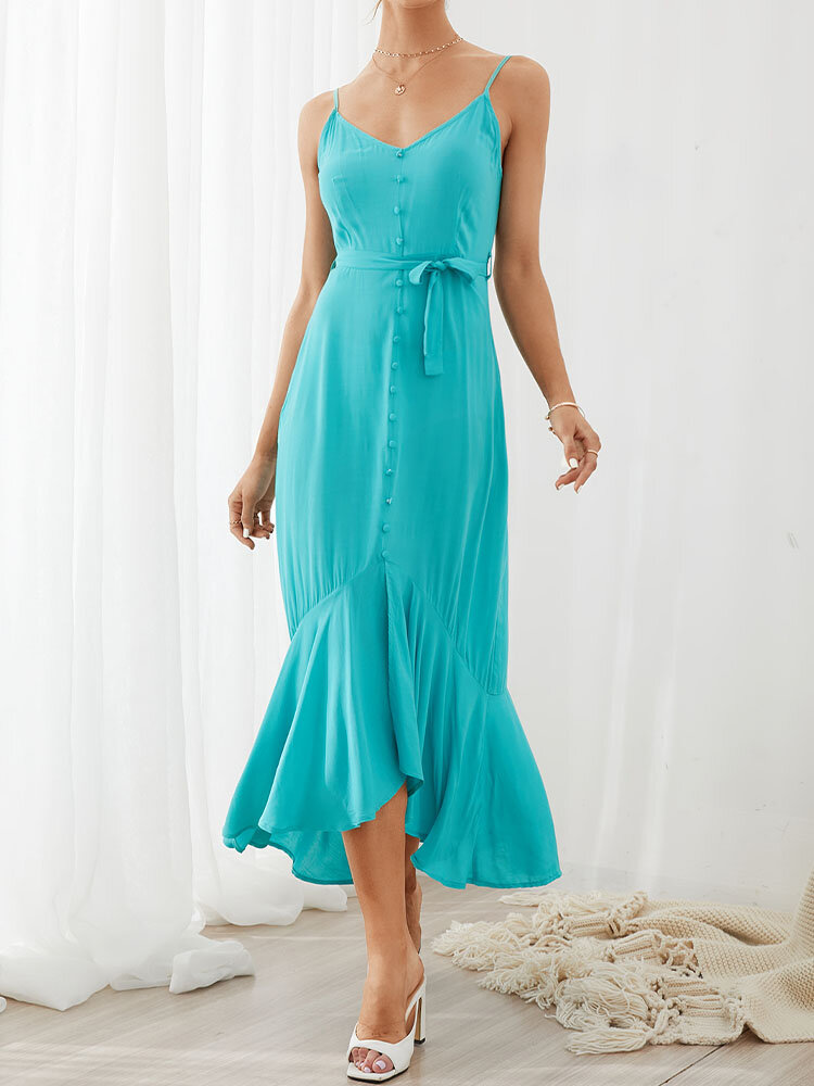 Solid Color Sleeveless Backless Knotted Breasted Ruffle Hem Strap Sexy Dress