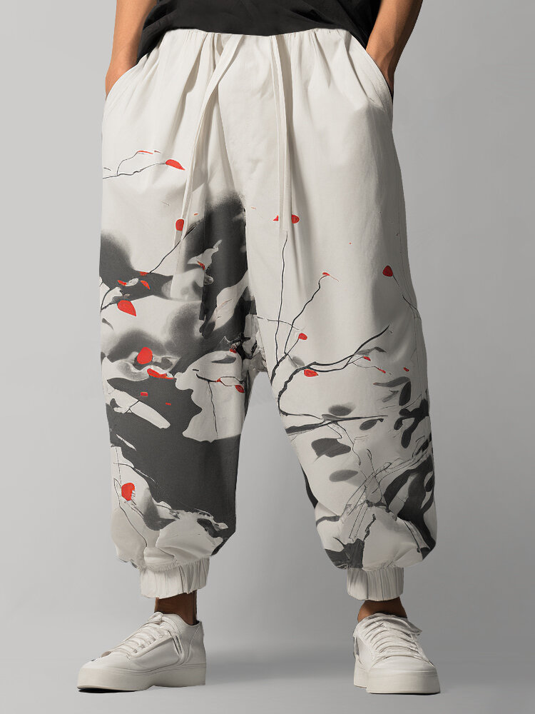 Invierno para hombre con estampado de pintura de tinta china cintura suelta con cordón Pantalones