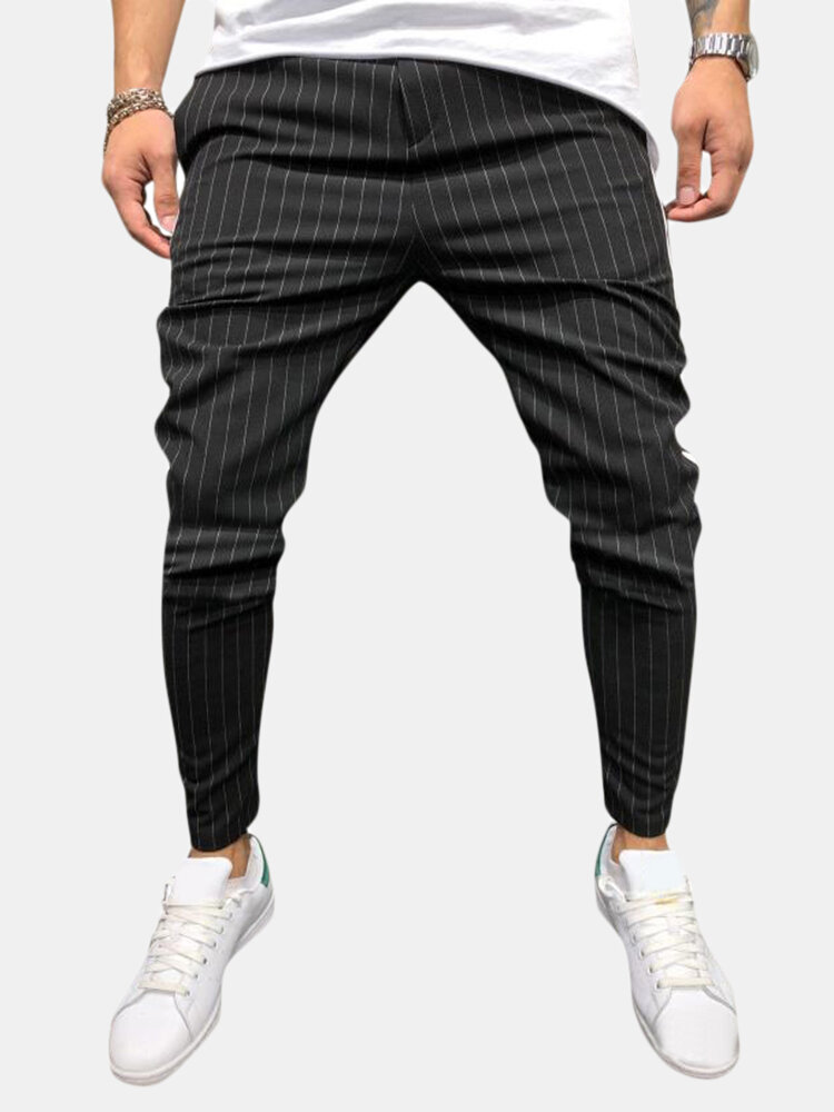 Mens Fashion Stripe Lightweight Breathable Zipper Casual Pants