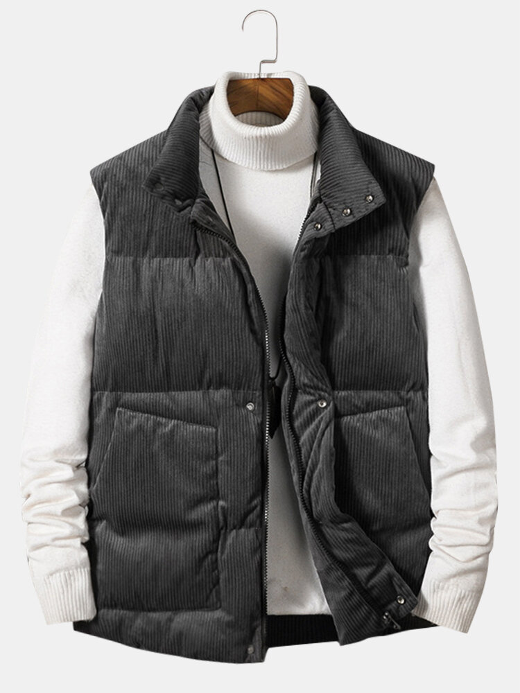 

Mens Corduroy Zip Front Stand Collar Solid Warm Vests Gilet With Pocket, Gray;black;yellow;blue