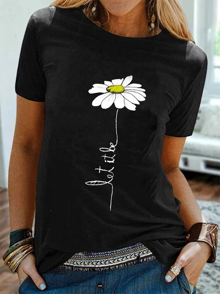 Повседневная футболка с коротким рукавом с простой цветочной вышивкой