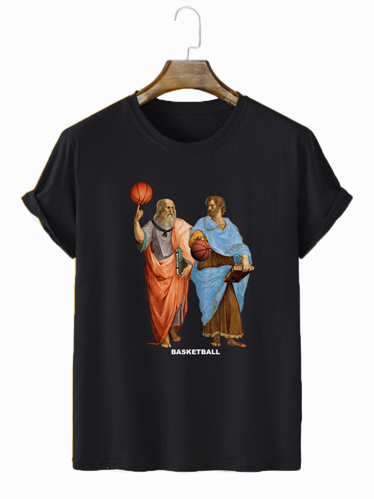 Mens Vintage Figure Basketball Print Street Short Sleeve T-Shirts