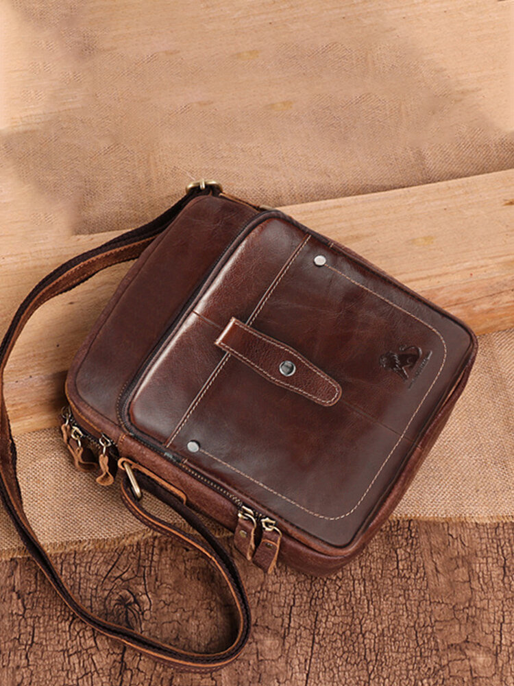 Men Genuine Leather Vintage Large Capacity Durable Crossbody Bag Interior Compartment Casual Business Bag