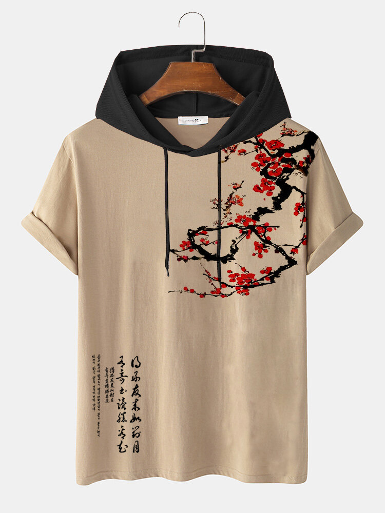 Camisetas masculinas Plum Bossom estampa de personagem contraste manga curta com capuz