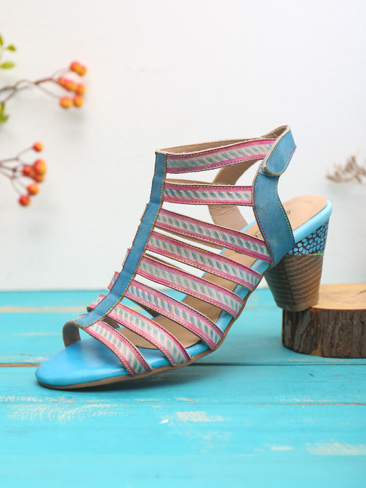 Socofy Retro Ethnic Geometric Print Leather Low Heel Hook Loop Chunky Heel Gladiator Sandals