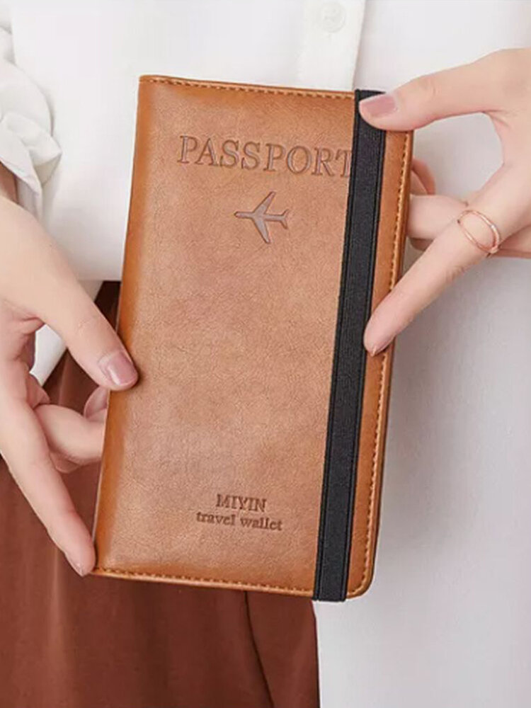 Embreagem feminina de couro artificial vintage RFID multifuncional Bolsa passaporte de grande capacidade Bolsa