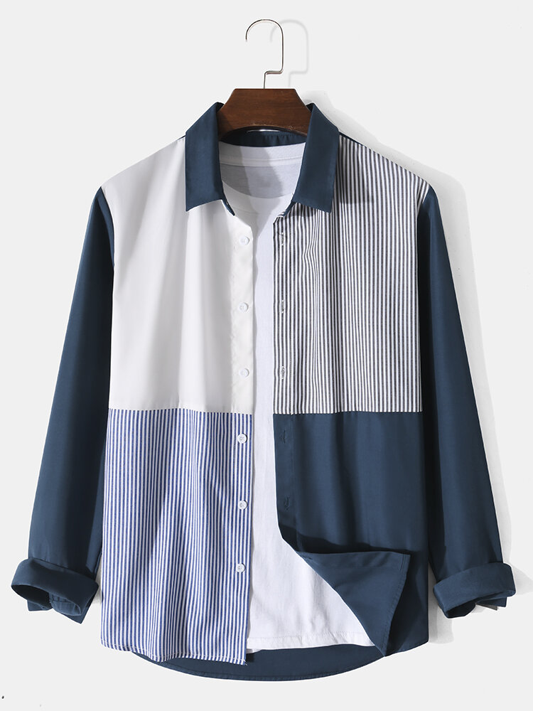 Mens Pinstripe Patchwork Button Front Casual Loose Long Sleeve Shirts