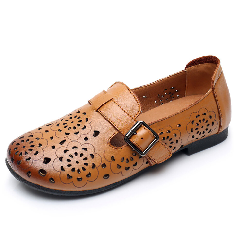 Flower Leather Round Toe Buckle Soft Sole Flat Casual Shoes