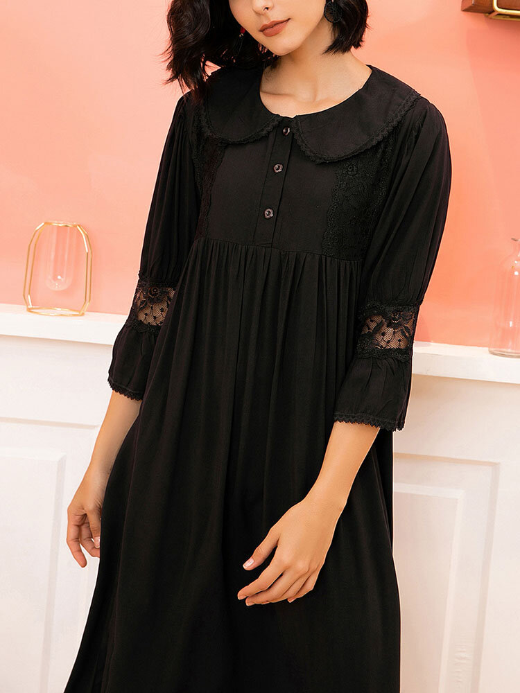 Women Solid Color Lapel Lace Stitching 3/4 Sleeve Home Nightdress