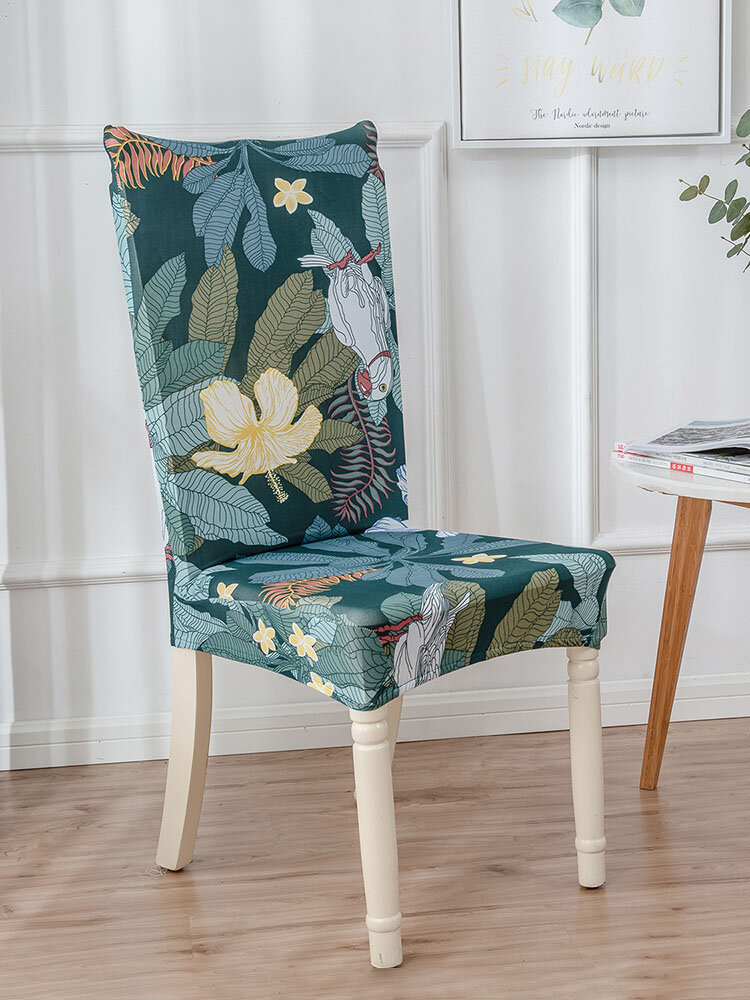 

One-piece Waterproof Flowers Prints Elastic Stretch Chair Cover Universal Size Slipcovers Seat Cover For Dining Room Ban, Green