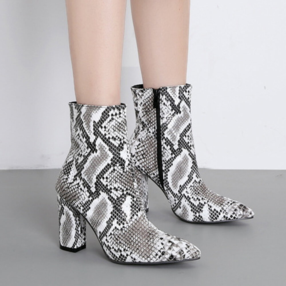 Leopard-print High Heel Zipper Pointed Toe Casual Ankle Boots