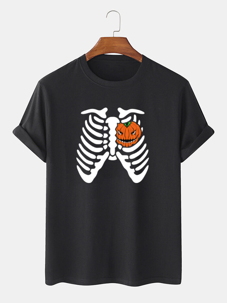 Mens 100% Cotton Halloween Funny Pumpkin Printed Short Sleeve T-Shirts