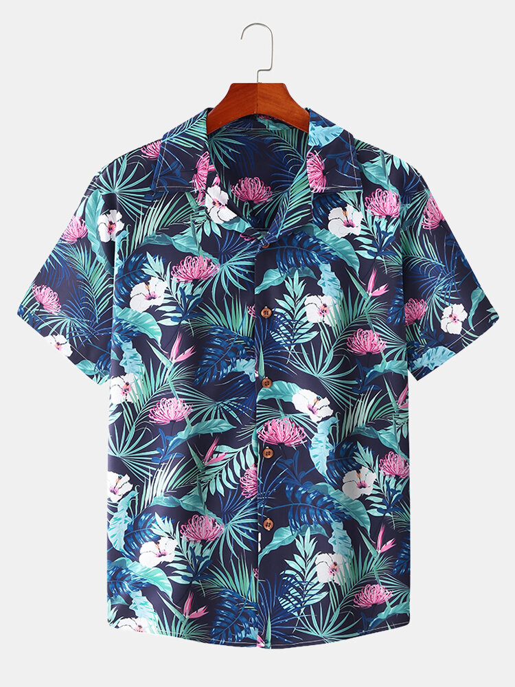 Mens Tropical Floral Print Lapel Holiday Casual Thin Short Sleeve Shirt