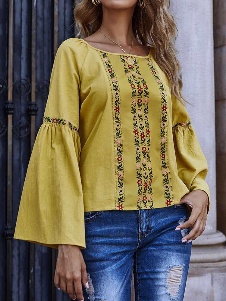 Floral Pattern Bell Long Sleeve Crew Neck Blouse