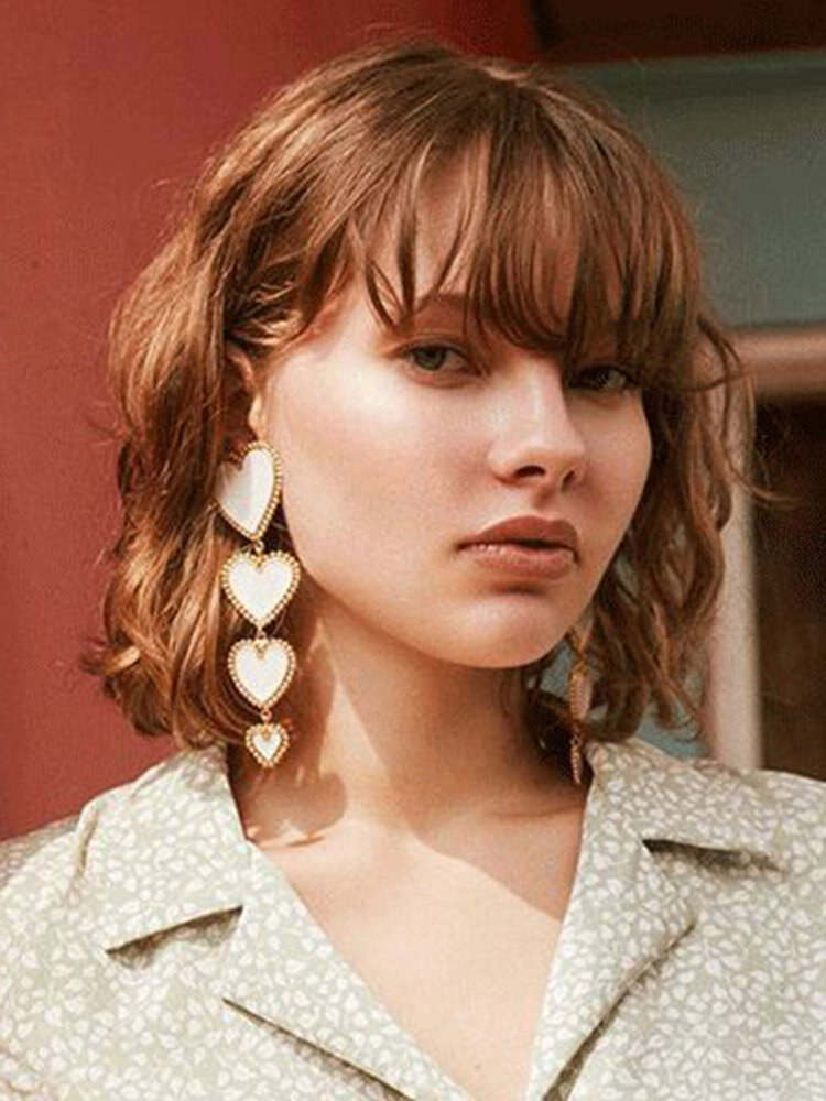 Vintage Peach Heart Pendant Earrings Metal Geometric Long  Ear Drop Cute Jewelry