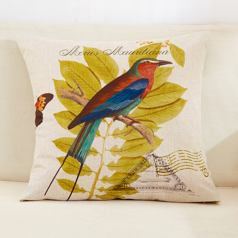 

American Pastoral Bird Stamp Pattern Linen Cushion Cover Home Sofa Art Decor Throw Pillow Cover