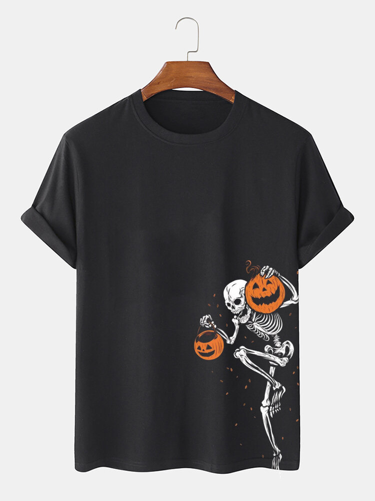 Camisetas masculinas de manga curta com estampa de esqueleto de abóbora para Halloween