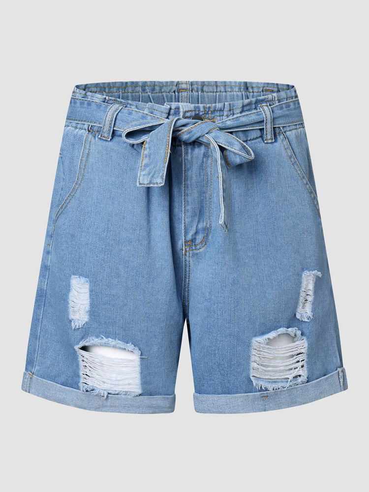 Solid Ripped Tie-up Elastic Waist Pocket Zip Denim Shorts